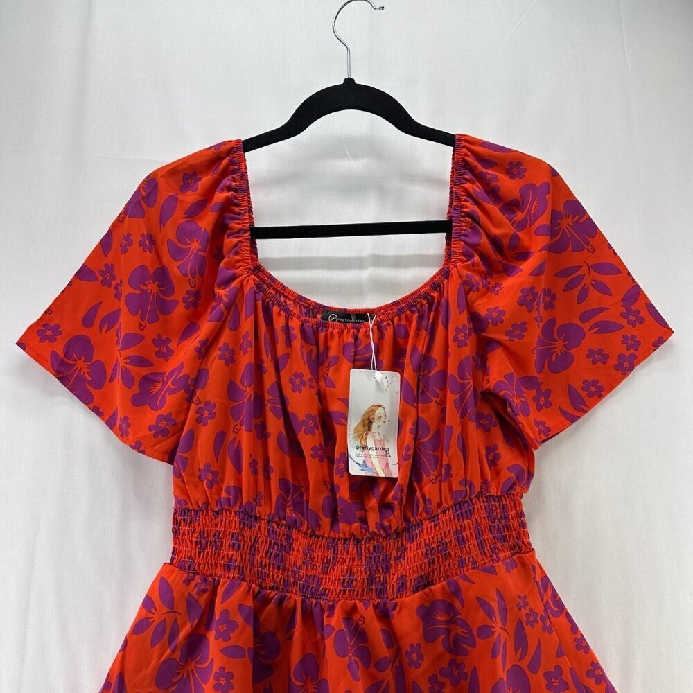 PRETTYGARDEN Dress Size M Peasant Sundress Floral Smocked Tiered Cap Sleeve Red - Picture 3 of 12